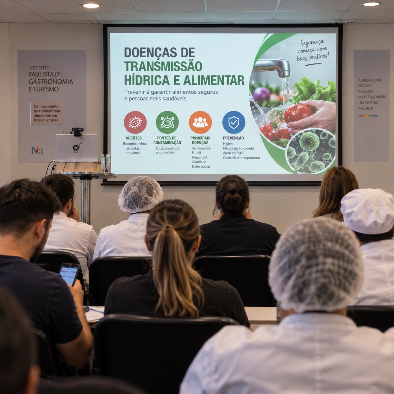 Equipe acompanhando uma apresentação sobre doenças de transmissão hídrica e alimentar